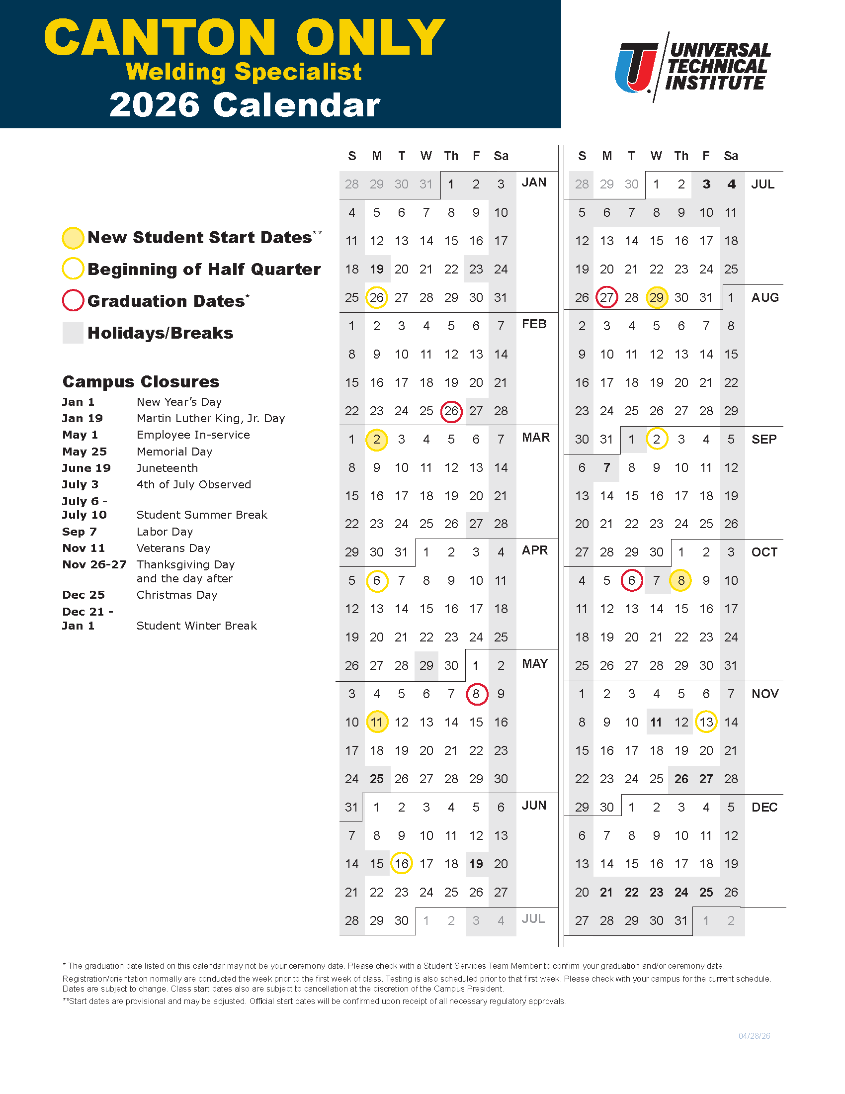 Course Calendar Canton, Michigan 2026 Universal Technical Institute